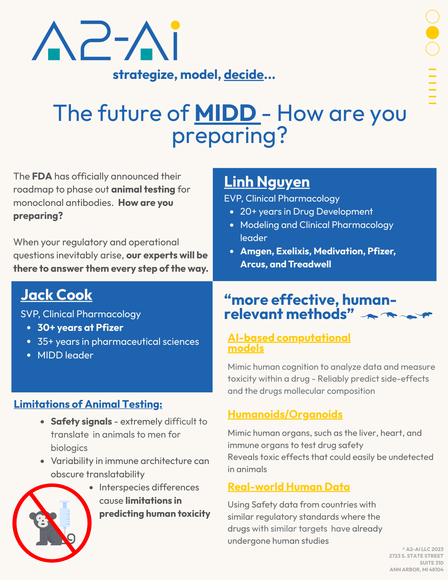 The future of MIDD - How are you preparing? The FDA has officially announced their roadmap to phase out animal testing for monoclonal antibodies. How are you preparing? When your regulatory and operational questions inevitably arise, our experts will be there to answer them every step of the way. Jack Cook SVP, Clinical Pharmacology • 30+ years at Pfizer • 35+ years in pharmaceutical sciences • MIDD leader Linh Nguyen EVP, Clinical Pharmacology • 20+ years in Drug Development • Modeling and Clinical Pharmacology leader • Amgen, Exelixis, Medivation, Pfizer, Arcus, and Treadwell Limitations of Animal Testing: • Safety signals - extremely difficult to translate in animals to men for biologics • Variability in immune architecture can obscure translatability • Interspecies differences cause limitations in predicting human toxicity "more effective, human-relevant methods" AI-based computational models Mimic human cognition to analyze data and measure toxicity within a drug - Reliably predict side-effects and the drugs mollecular composition Humanoids/Organoids Mimic human organs, such as the liver, heart, and immune organs to test drug safety Reveals toxic effects that could easily be undetected in animals Real-world Human Data Using Safety data from countries with similar regulatory standards where the drugs with similar targets have already undergone human studies