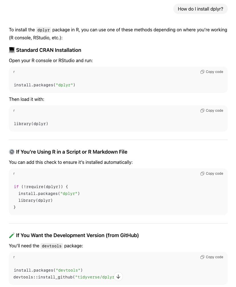 User interface featuring a conversation with ChatGPT about installing an R package