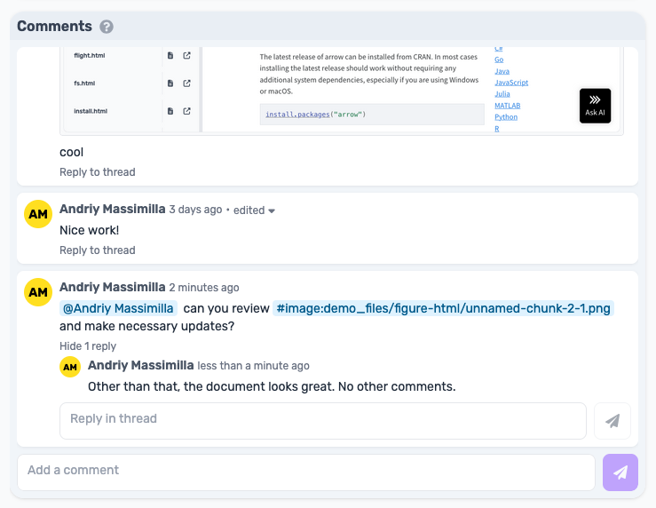 Interface showing threaded comments on an artifact, highlighting rich text and user mentions.