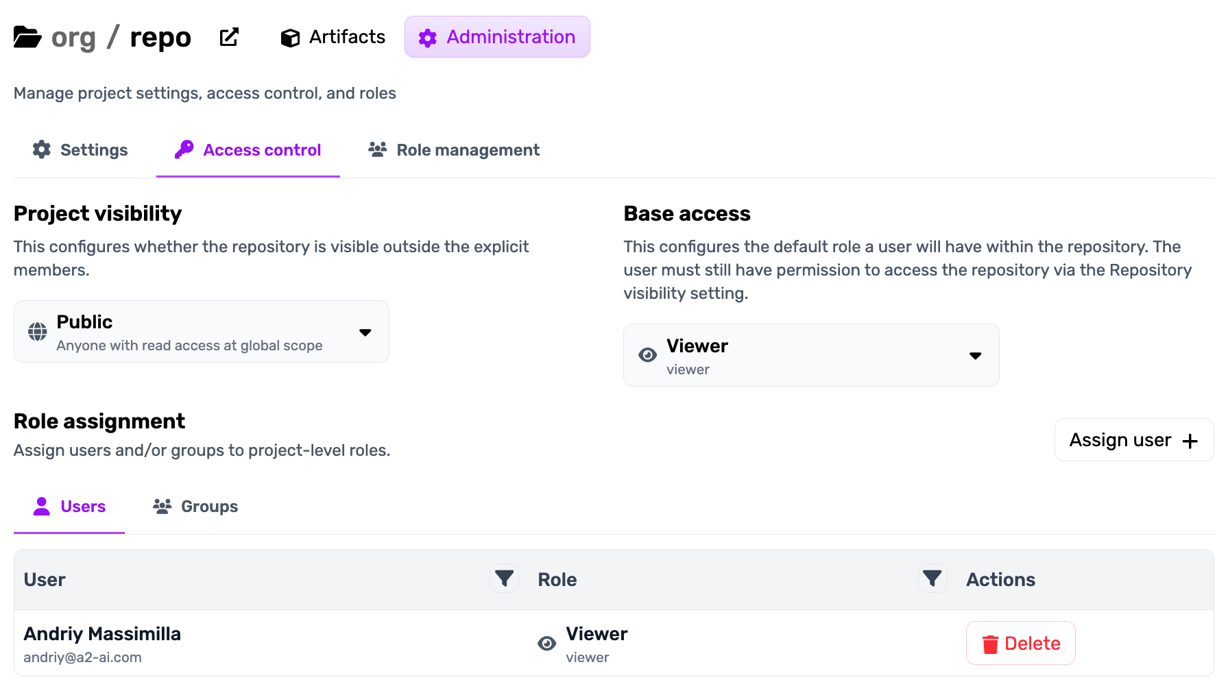 User interface featuring a project access control pane allowing the user to assign roles to users and groups